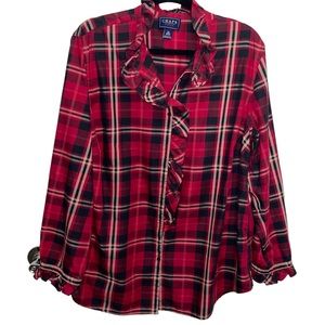 Chaps 2X women’s red plaid button/ruffle shirt.